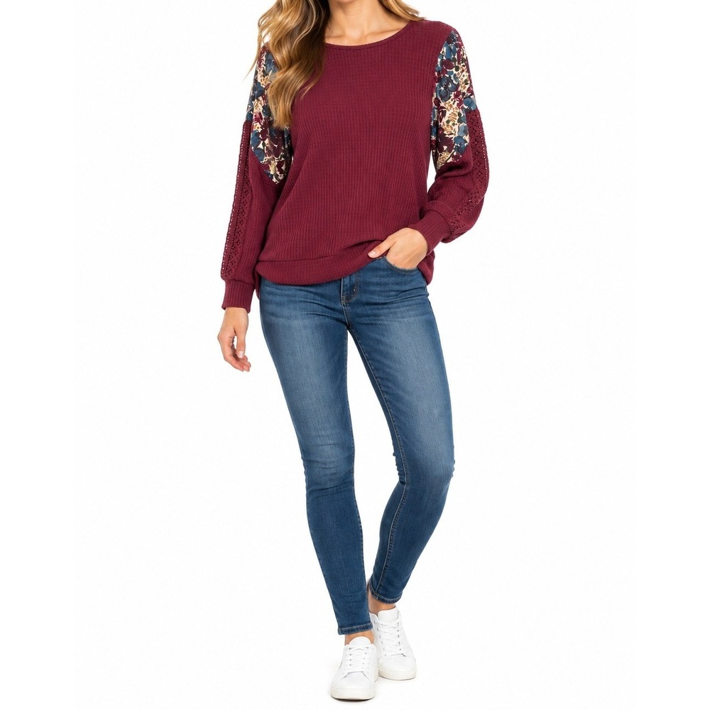 AGB Waffle Knit Top Women Large Burgundy Floral Crochet Boho Casual